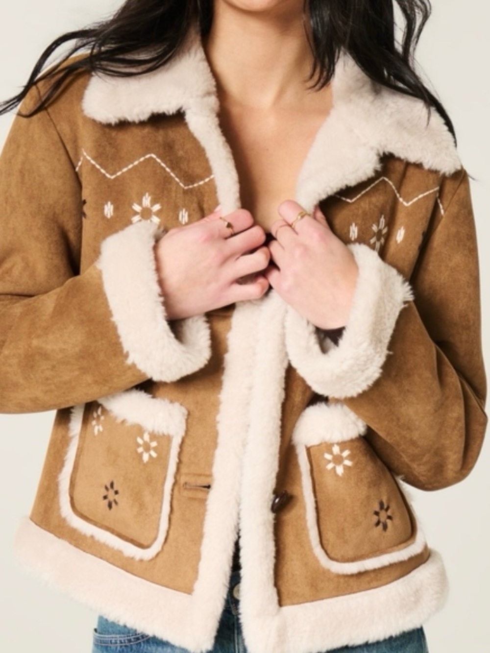 Hollister Tan Suede Teddy Jacket with Cream Sherpa Trim